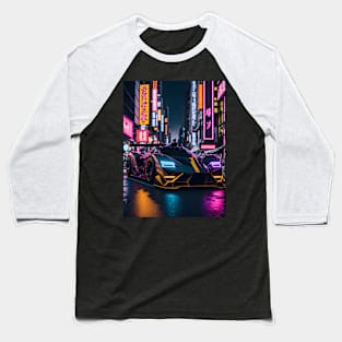 Dark Neon Sports Car in Japanese Neon City Baseball T-Shirt